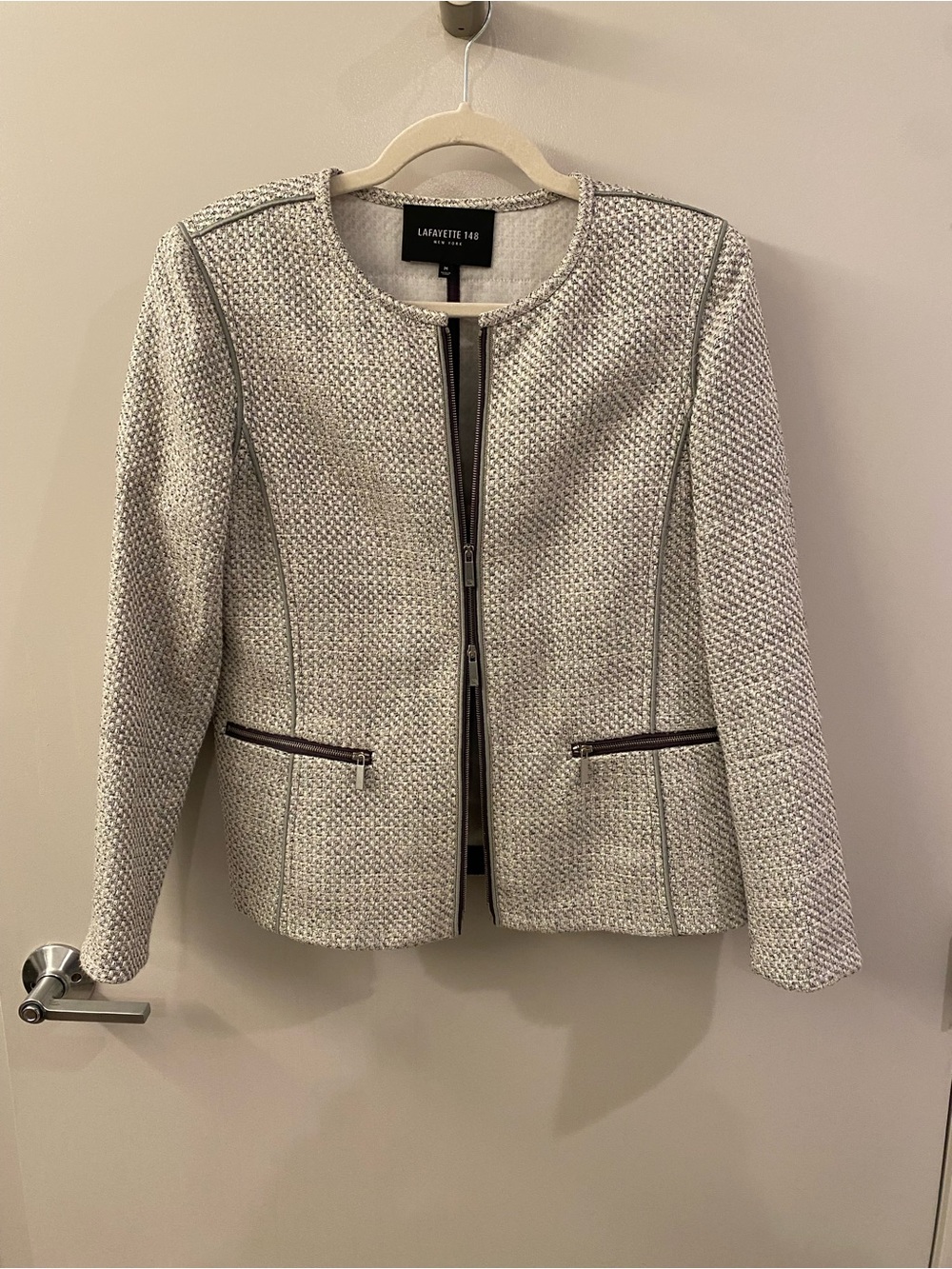 Lafayette 148 New York Cream Tweed Zip-Front Blazer